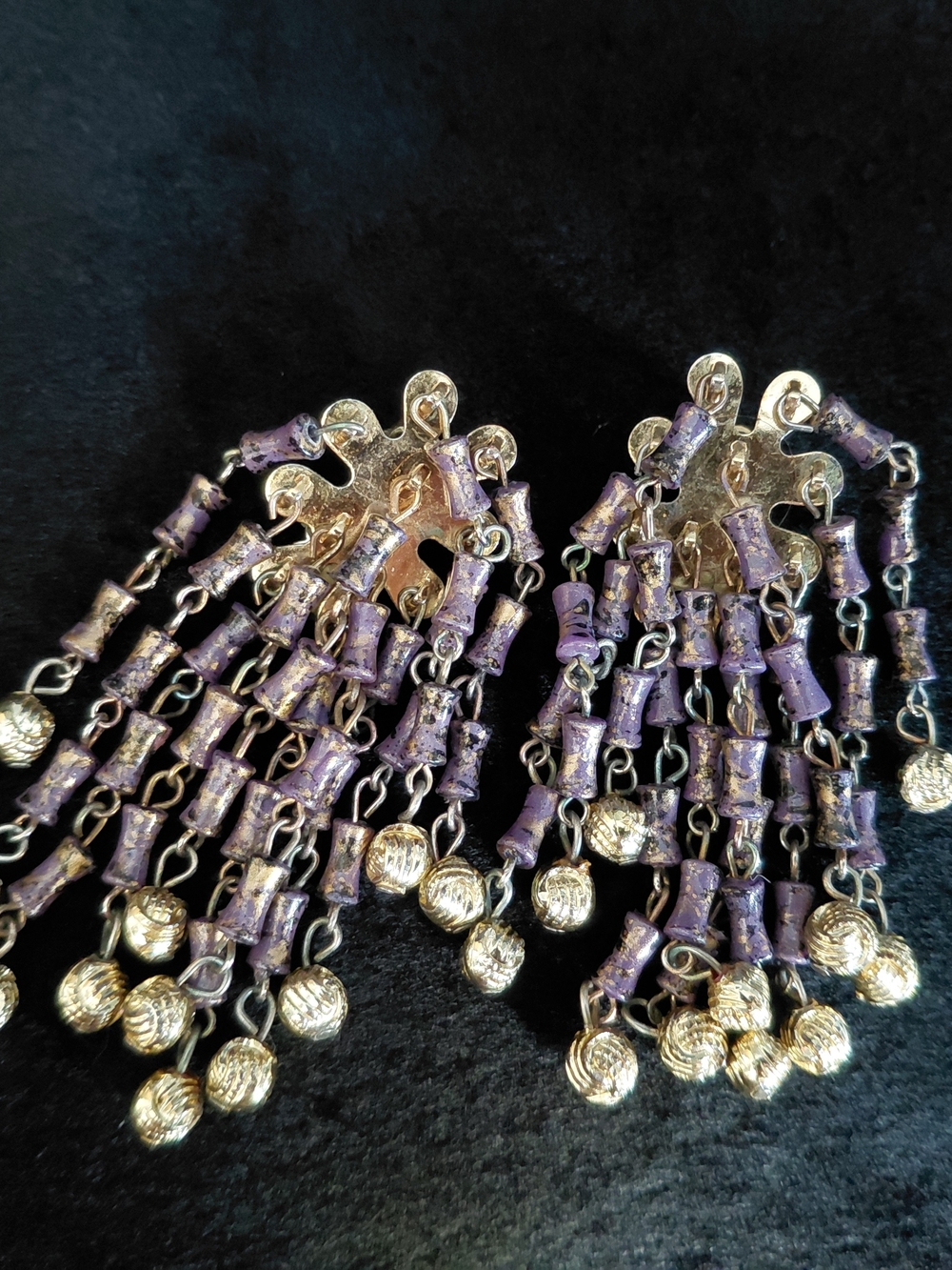 Free Add-on, Statement Purple and Gold Fringe Earrings Clip on